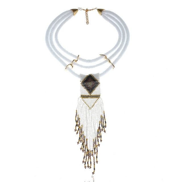 Women Boho Woven Beads Necklaces Jewelry  Handmade Multilayer Bohemia Long Tassel pendant Necklace