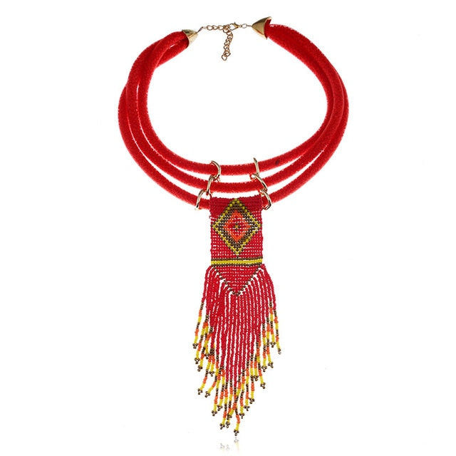 Women Boho Woven Beads Necklaces Jewelry  Handmade Multilayer Bohemia Long Tassel pendant Necklace