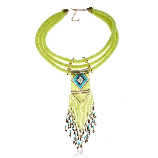 Women Boho Woven Beads Necklaces Jewelry  Handmade Multilayer Bohemia Long Tassel pendant Necklace