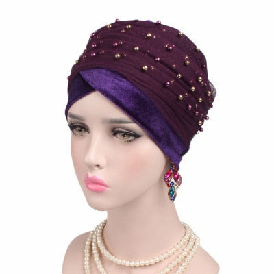 Luxury scarf/Turban Hats Velvet Gold with beads