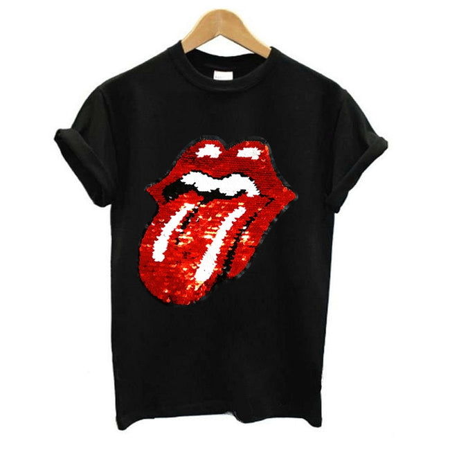 Red lips sequins T-shirt