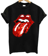 Red lips sequins T-shirt